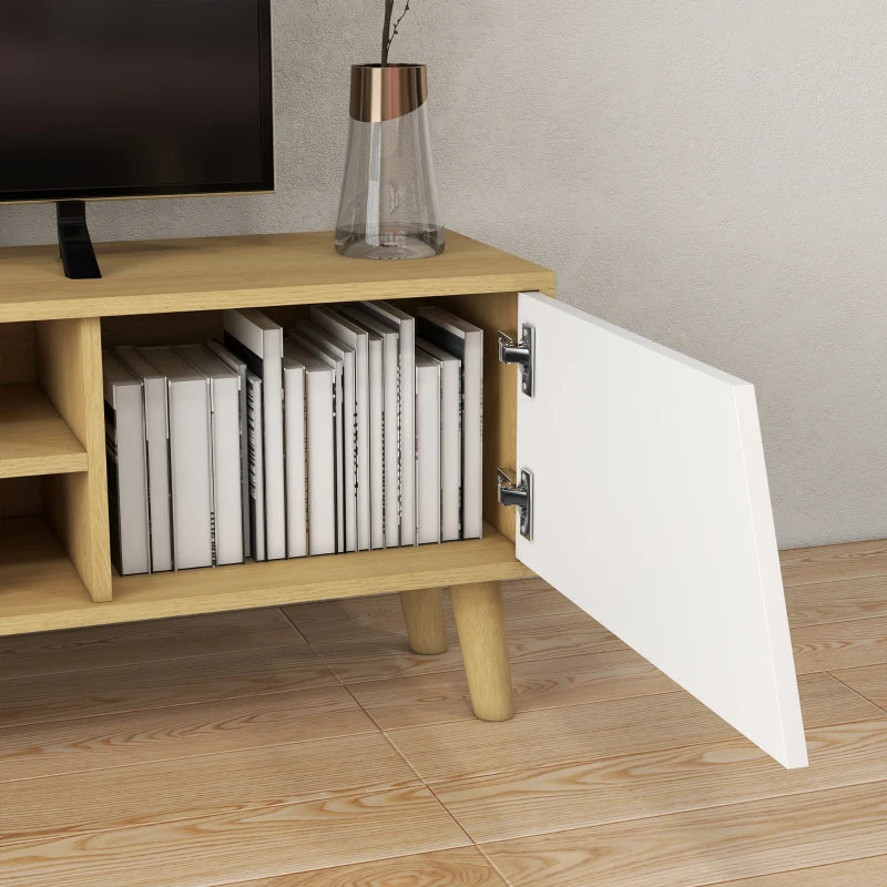 TV Stand for 65 Inch Television, Entertainment Center with Soft Closing Door and Rubberwood Legs, Oak and White