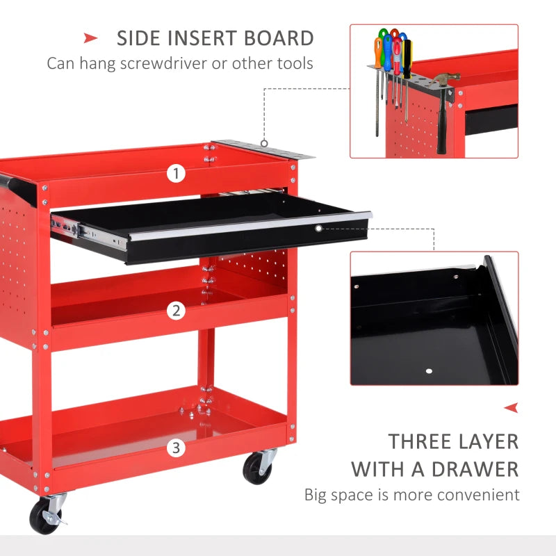Tool Cart on Wheels, Utility Cart with Wheels, Ball Bearing Drawer, Storage Trays for Garage, Warehouse, Workshop, Red