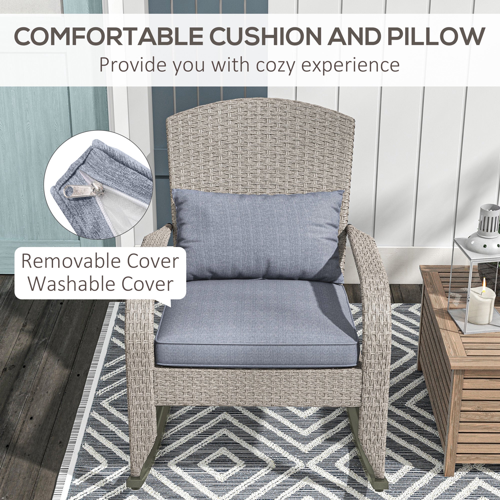 Outsunny Adirondack Chair, Outdoor Wicker Rocking Chair with High Back, Seat Cushion and Pillow for Porch, Balcony, Grey 