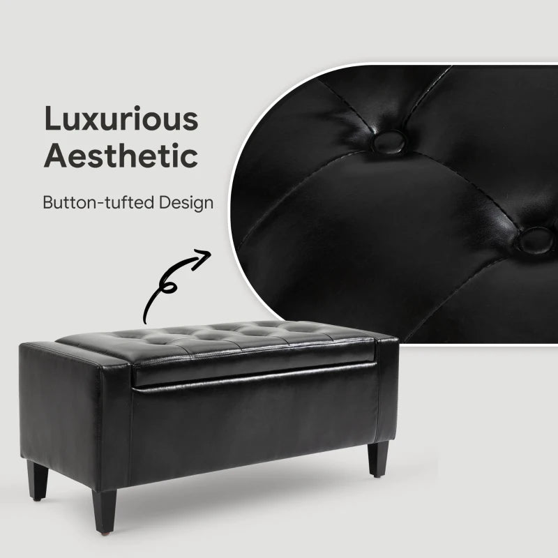 Storage Ottoman Bench, PU Leather Upholstered Bench with Tufted Design, Black