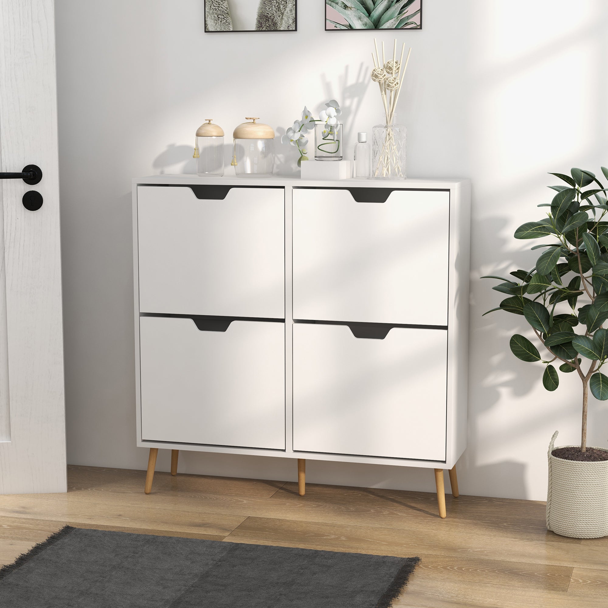 HOMCOM Shoe Storage Cabinet 4 Flip Drawers Adjustable Shelf Shoe Organizer 16 Pairs White Space Saving 