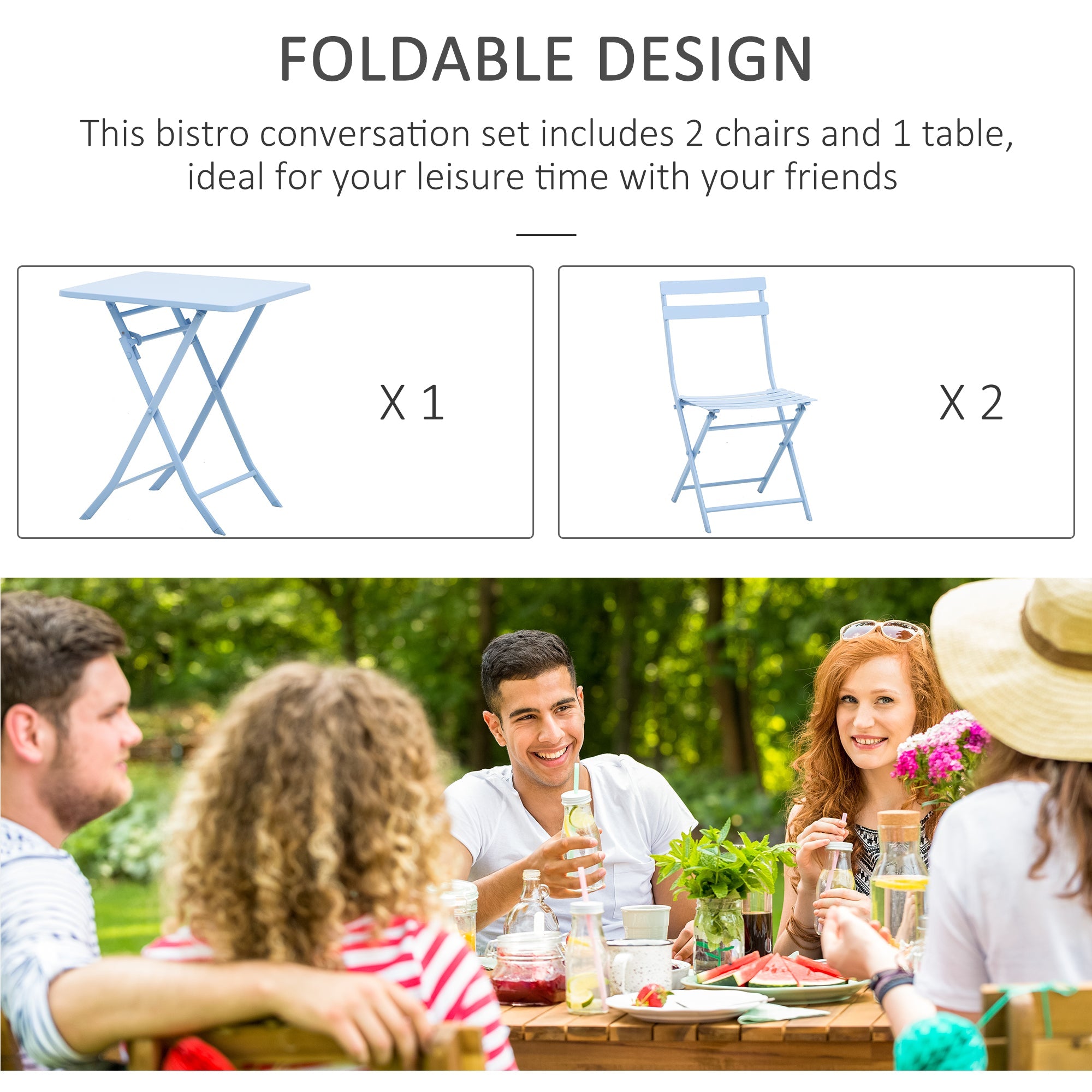 Outsunny 3 Pieces Garden Bistro Coffee Set Foldable Patio Chair & Square Table for Outdoor Yard Porch Poolside Balcony Blue 