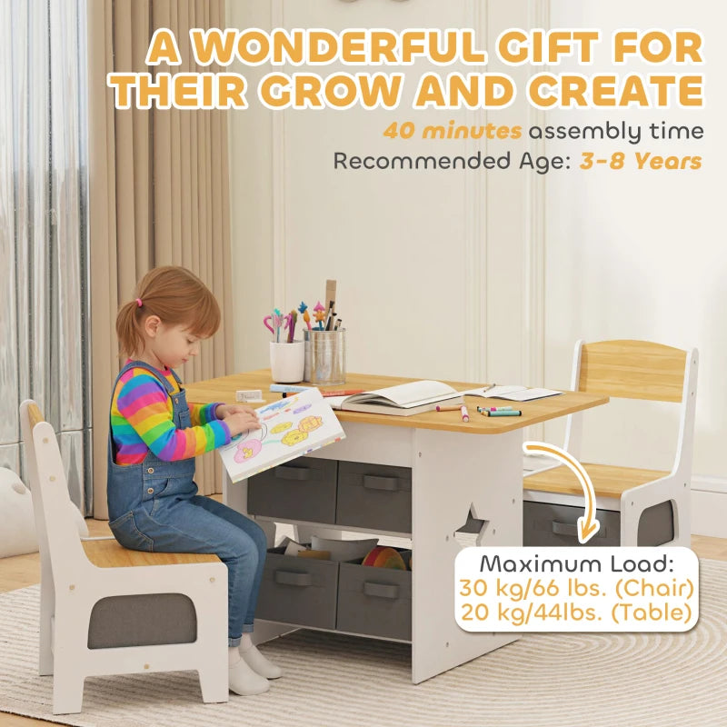 Qaba 3 Piece Kids Table and Chair Set with 6 Removable Drawers, for Classroom, Living Room, Bedroom, Nursery, Natural