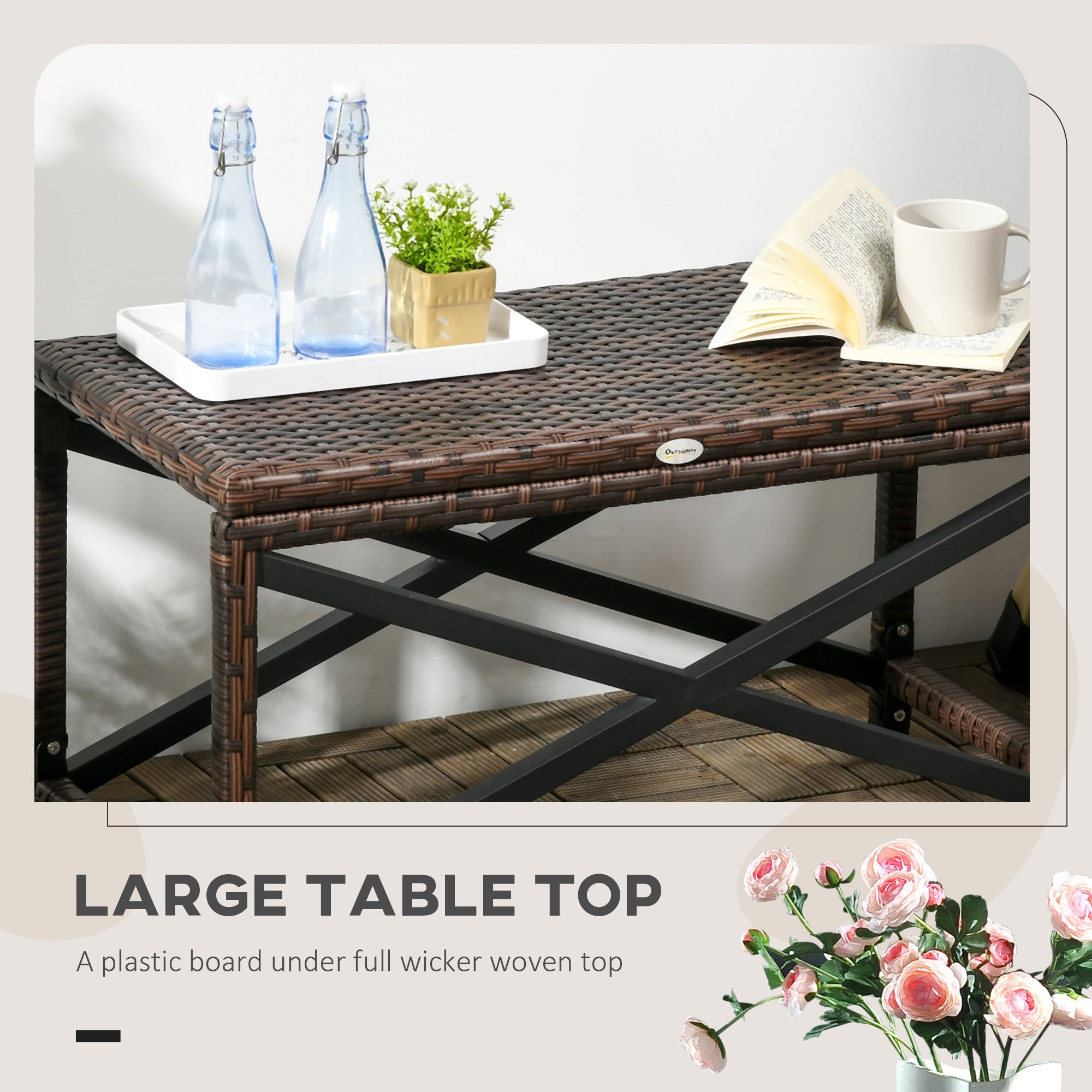 Outsunny Mixed Brown Wicker Patio End Table Outdoor Rattan Side Table with Sturdy Plastic Board Top for Porch Balcony 