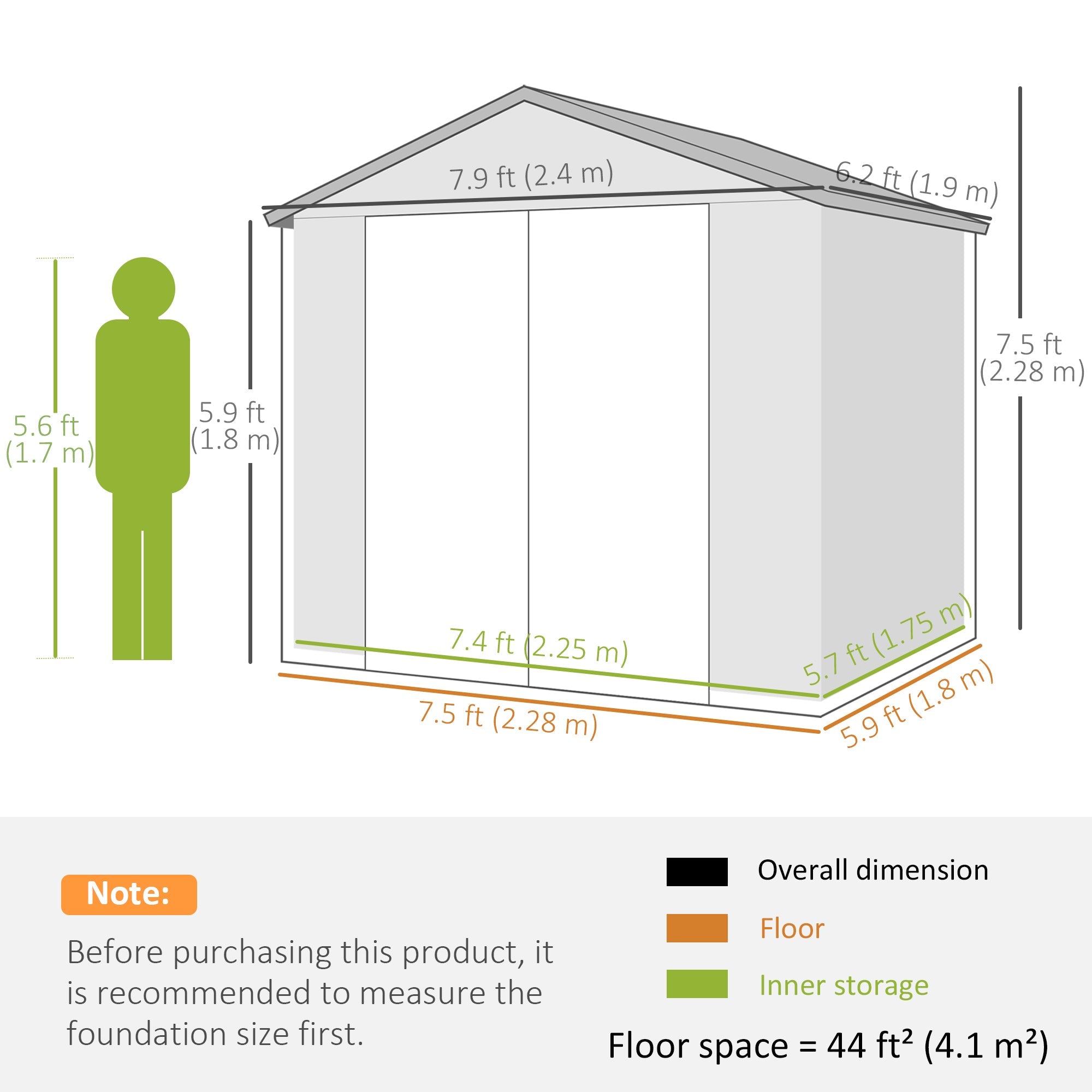 Outsunny Spacious 8x6ft Garden Shed Secure Latch Door, Ventilation, Sloped Roof, Durable PP Material in Grey 