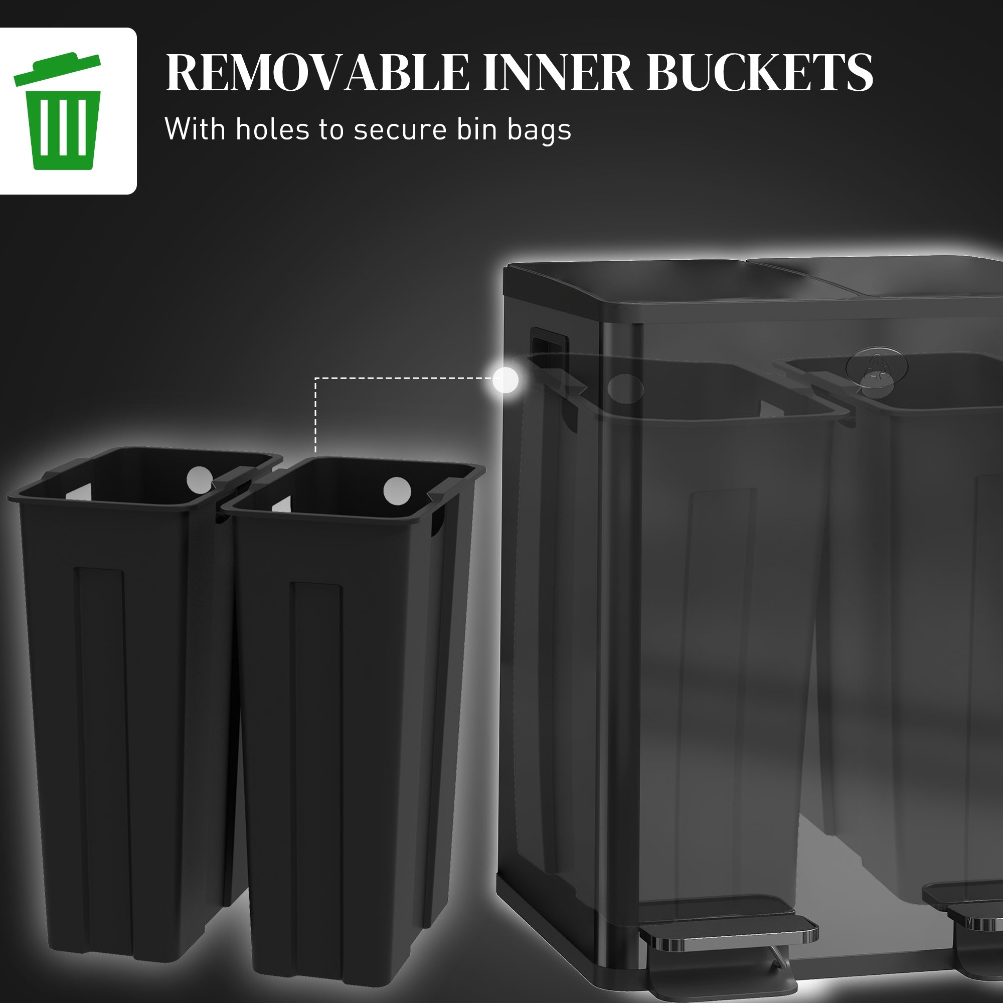 HOMCOM Dual Garbage Bin, Soft-Close Trash Can with Foot Pedal, 2 x 20 Liter Garbage Can with Removable Inner Buckets, Black 
