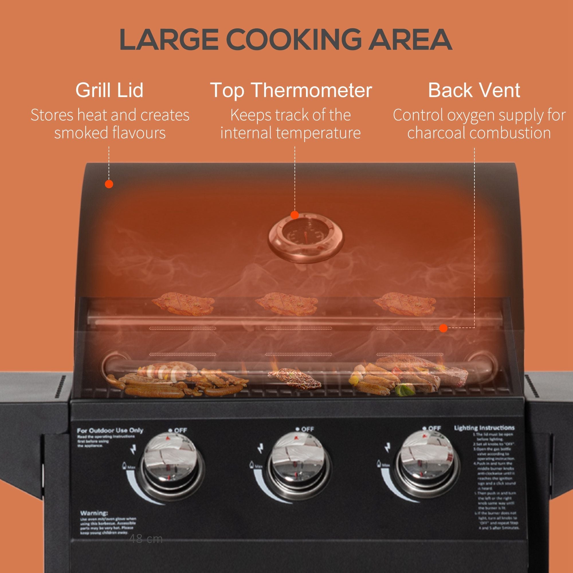 Outsunny Outdoor 3 Burner Gas Grill Portable Barbecue w/ Wheels, Warming Rack, Shelves, Cabinet, Thermometer, Black 