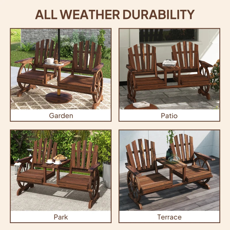 Wooden Outdoor Loveseat, Wagon Wheel Outdoor Bench with Table, Carbonized