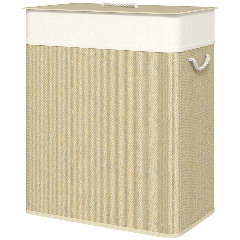 Double Laundry Basket with Lid, 100L Bamboo Laundry Hamper with Rope Handles and Removable Bags, Natural