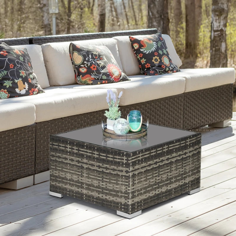 Rattan Garden Coffee Table, 25.6" Square Garden Rattan Table with Tempered Glass Top, Deep Grey