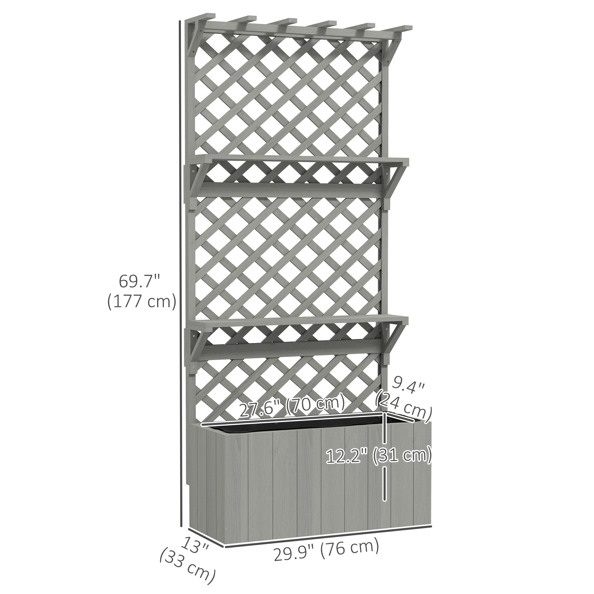 Outsunny Raised Garden Bed, Wooden Planter with Trellis, Hanging Roof, Plant Shelf, Drainage Holes and Bed Liner, Grey 