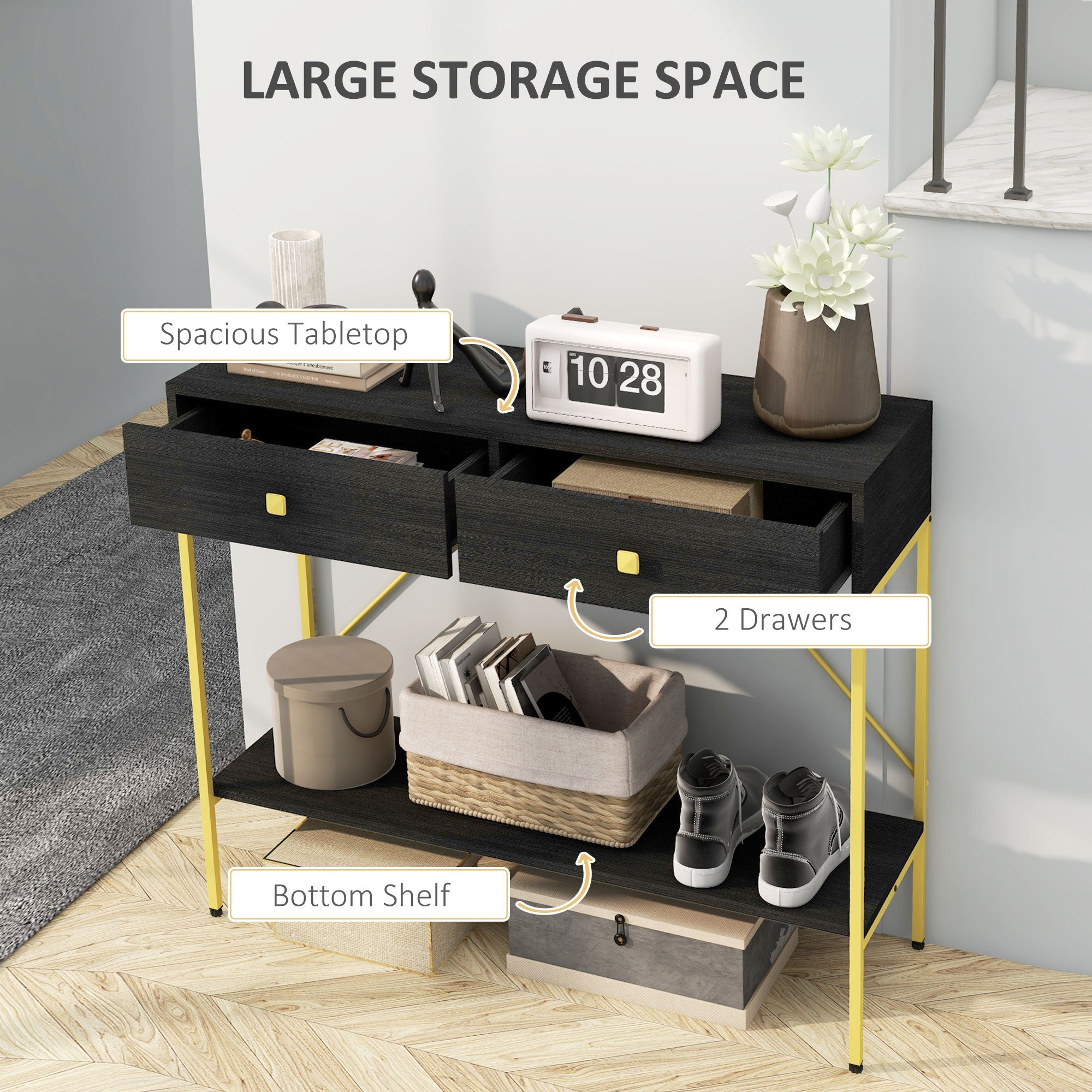 HOMCOM Hallway Console Table Entryway 2 Drawers Storage Shelf Living Room Bedroom Black 