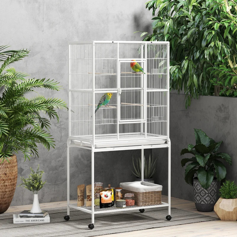 64" Large Rolling Bird Cage Bird House with Detachable Rolling Stand, Storage Shelf, Wood Perch Food Container, White