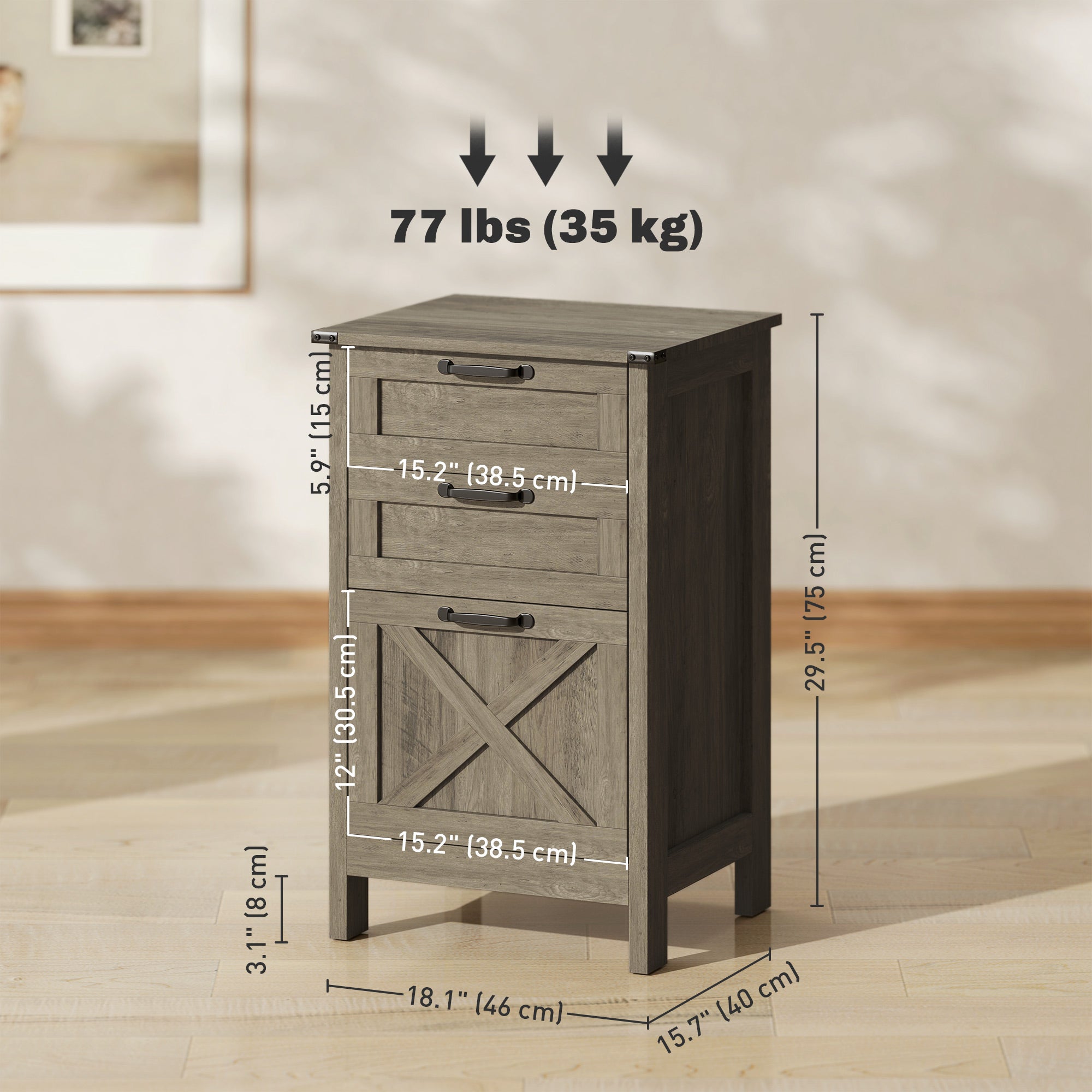 HOMCOM Vertical Filing Cabinet with 3 Drawers, Rustic Farmhouse Office Storage Cabinet for A4, Letter Size, Grey Wash 