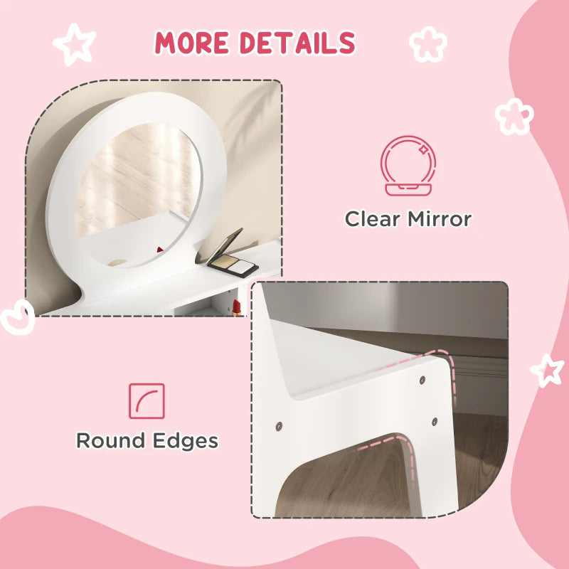 Qaba Kids Vanity Set, Children Makeup Table with Mirror, Stool and Storage Drawers, for Ages 3-8, White