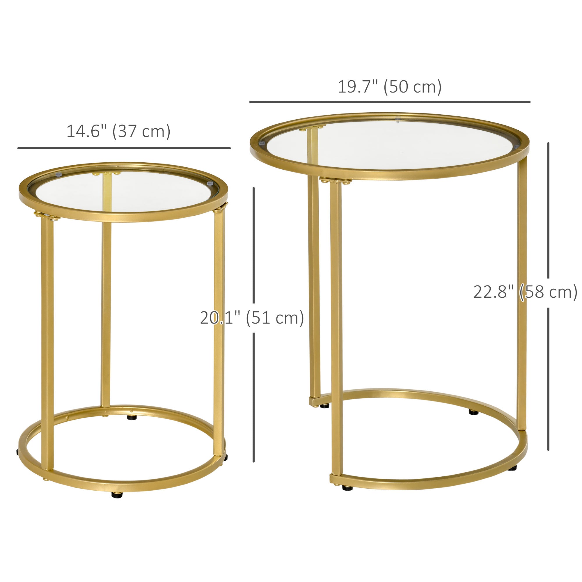 HOMCOM Glamorous Nesting Tables: Set of 2 Round Side Coffee Tables with Tempered Glass Top, Elegant Gold Metal Base 