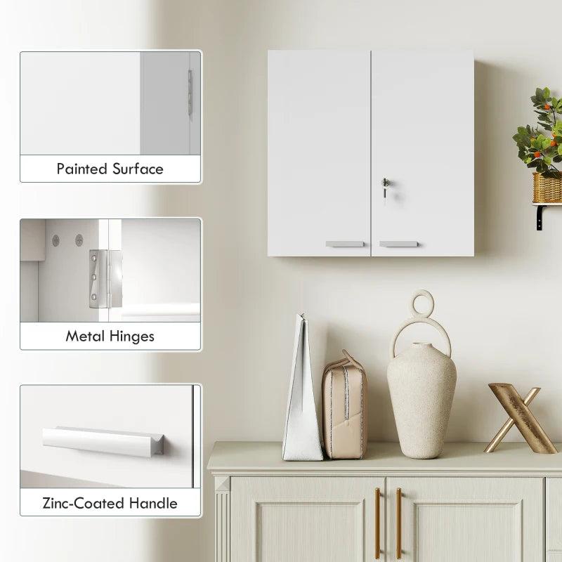 Wall Mount Medicine Cabinet, Bathroom Cabinet with 4 Tier Shelves, Lockable with 2 Keys for Kitchen, White
