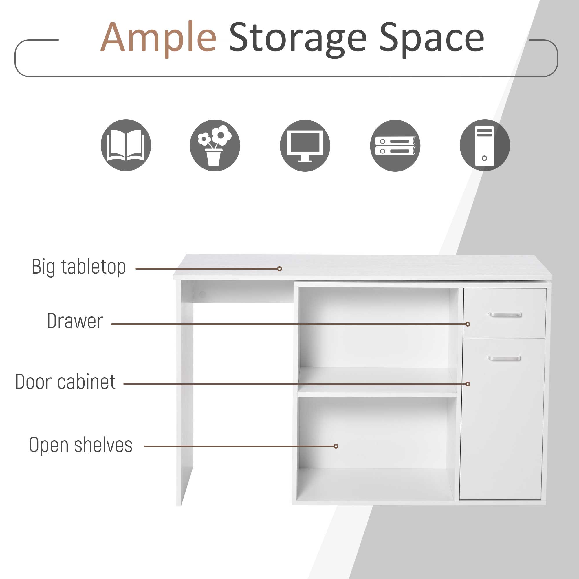 HOMCOM L Shaped Desk Corner Computer Table with Storage Cabinet Shelf Study Writing Home Office White 