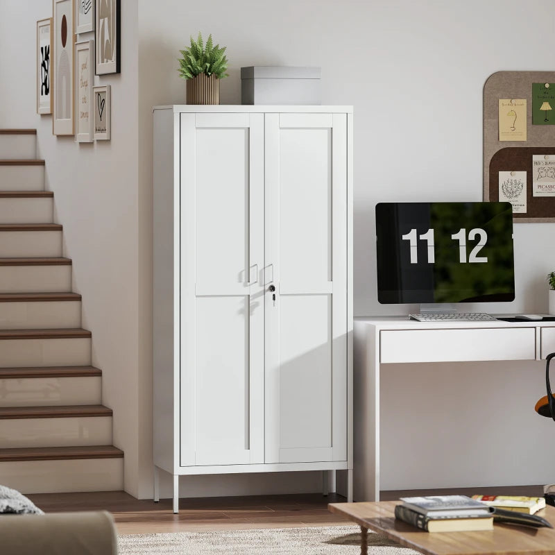 Office Storage Cabinet, Lockable Filing Cabinet with 3 Adjustable Shelves and 2 Doors for Home Office, Garage, White