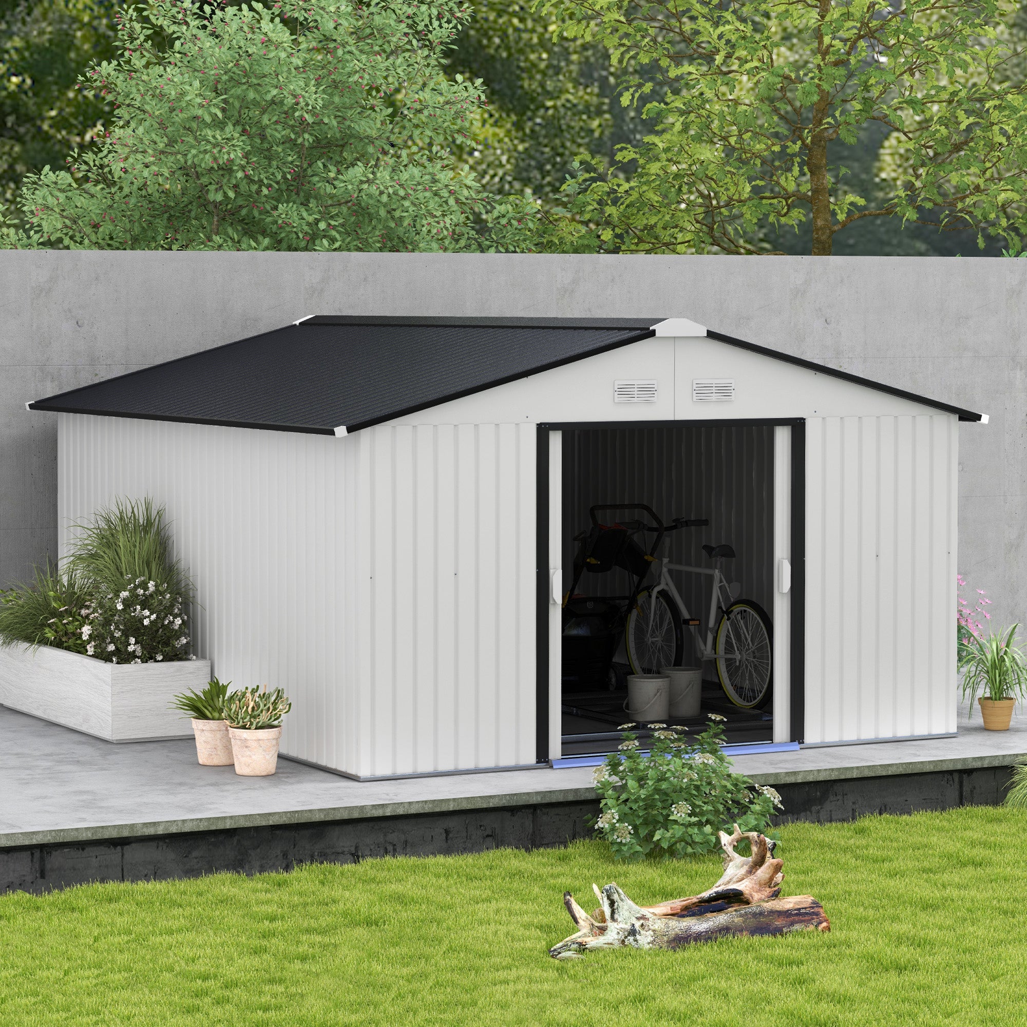 Outsunny 11' x 13' Garden Storage Shed w/ Foundation Kit Metal Tool Storage House w/ Double Doors White 
