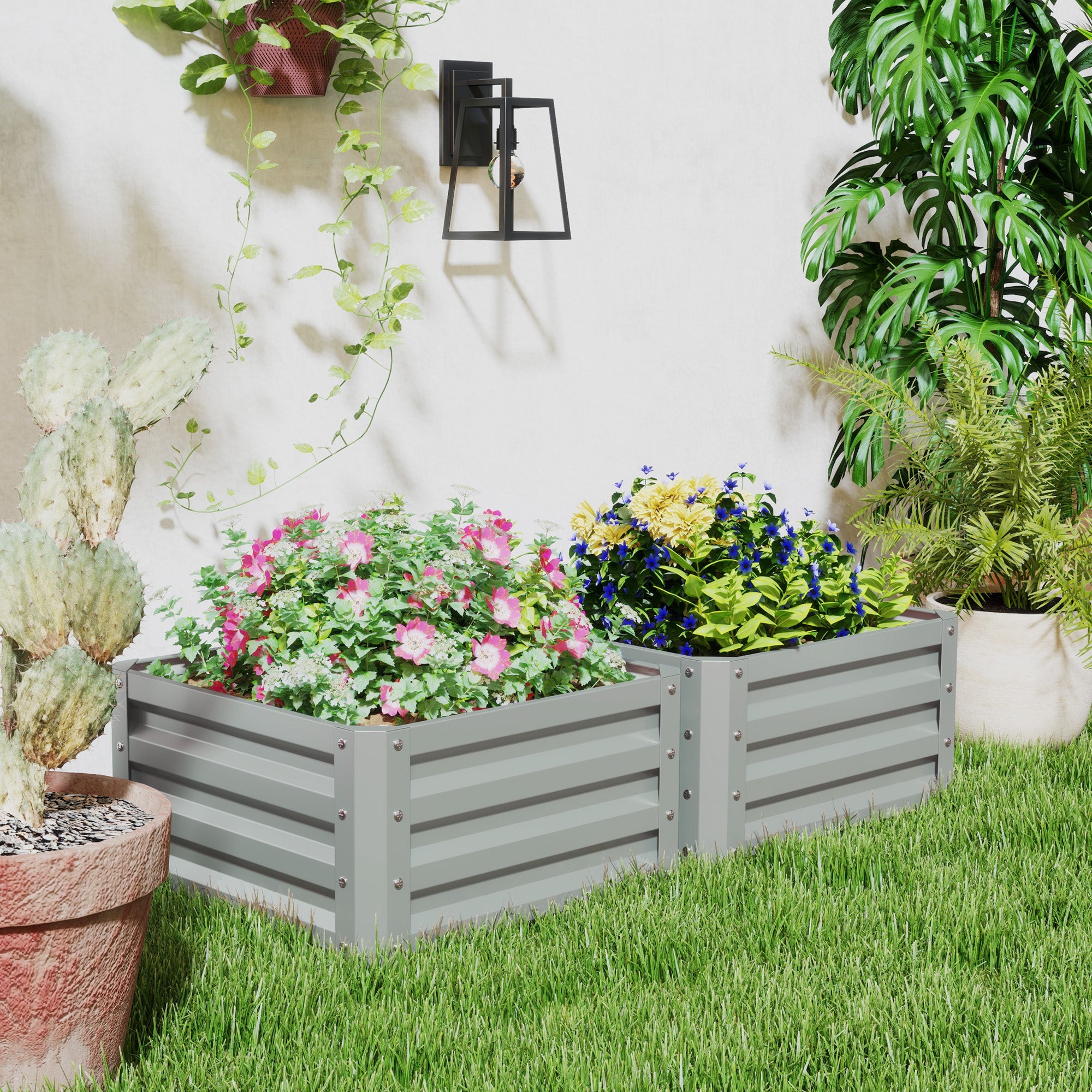 Outsunny 2' x 2' x 1' 2-Pieces Raised Garden Bed with Galvanised Steel Frame for Vegetables, Flowers, Herbs, Light Grey 