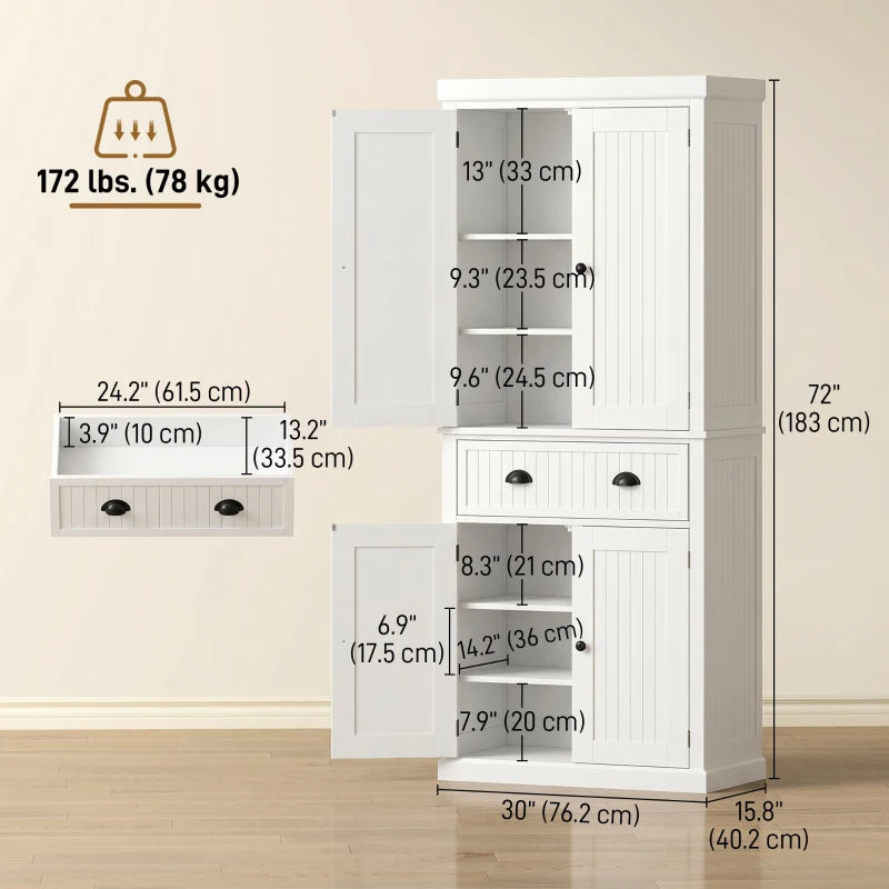 HOMCOM 72" Kitchen Pantry Cabinet with Drawer & Adjustable Shelves, Freestanding Storage Cabinet with Doors, White