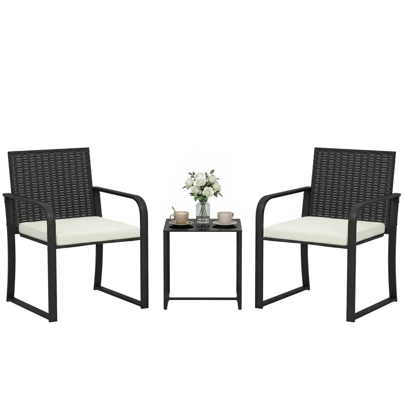 Outdoor Bistro Set, 3 Piece Wicker Patio Furniture with Mesh Seat, Glass Table, Cushions for Porch, Balcony, Cream White