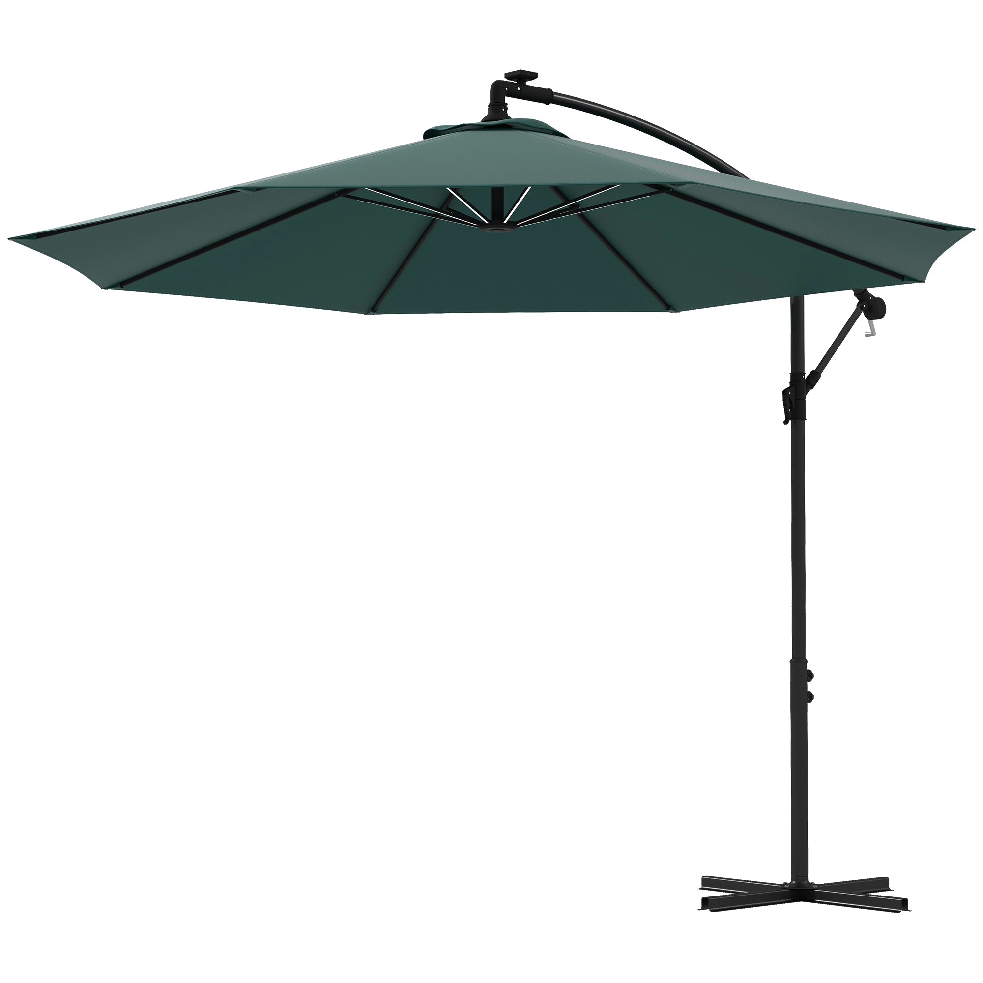 Outsunny 10ft Outdoor Cantilever Hanging Offset Umbrella with Solar LED Lights, Crank, Cross Base, Aluminum Frame, Green 