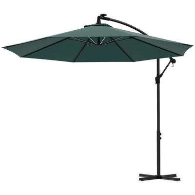 Outsunny 10ft Outdoor Cantilever Hanging Offset Umbrella with Solar LED Lights, Crank, Cross Base, Aluminum Frame, Green 