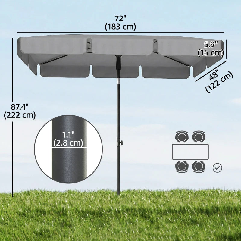 6' x 4' Patio Umbrella with Tilt, Rectangular Outdoor Umbrella for Garden, Grey