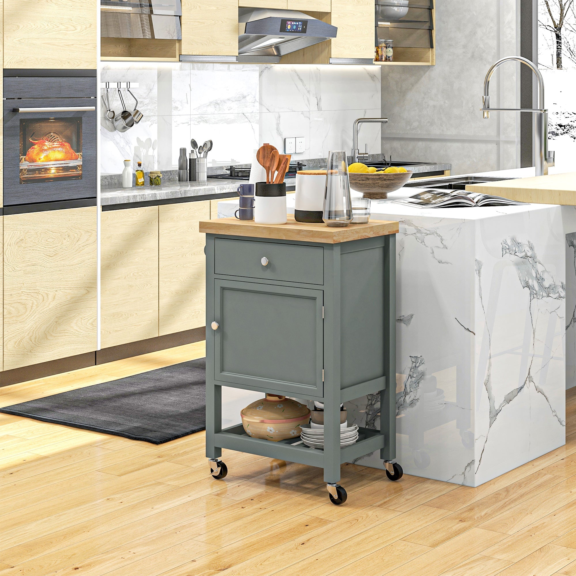 HOMCOM Kitchen Cart on Wheels, Rolling Kitchen Island Cart with Wood Top, Towel Rack, Drawer and Shelf for Dining Area, Grey 