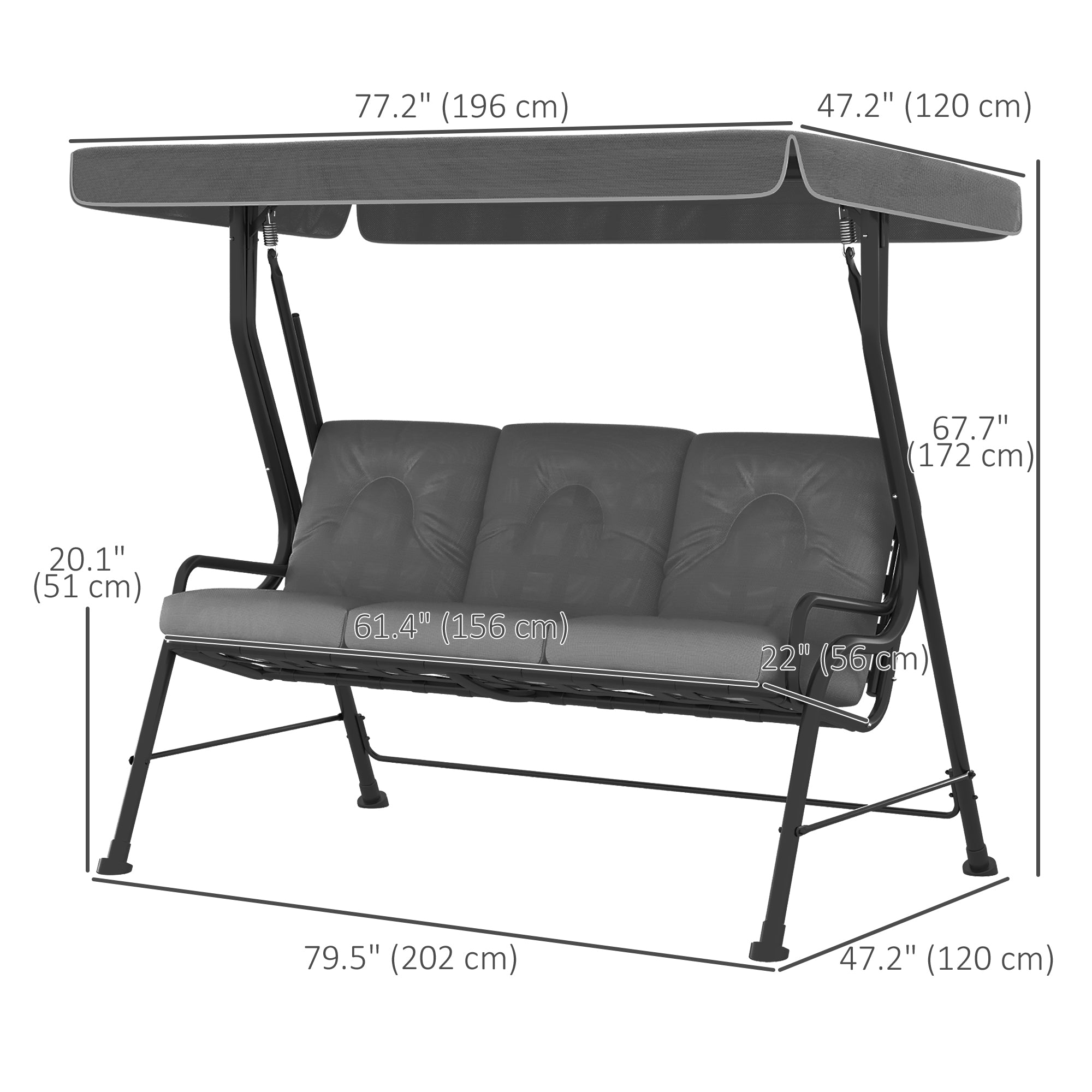 Outsunny 3-Person Patio Swing Chair with Canopy 3 Seater Porch Swing for Garden, Backyard, Poolside, Light Grey 