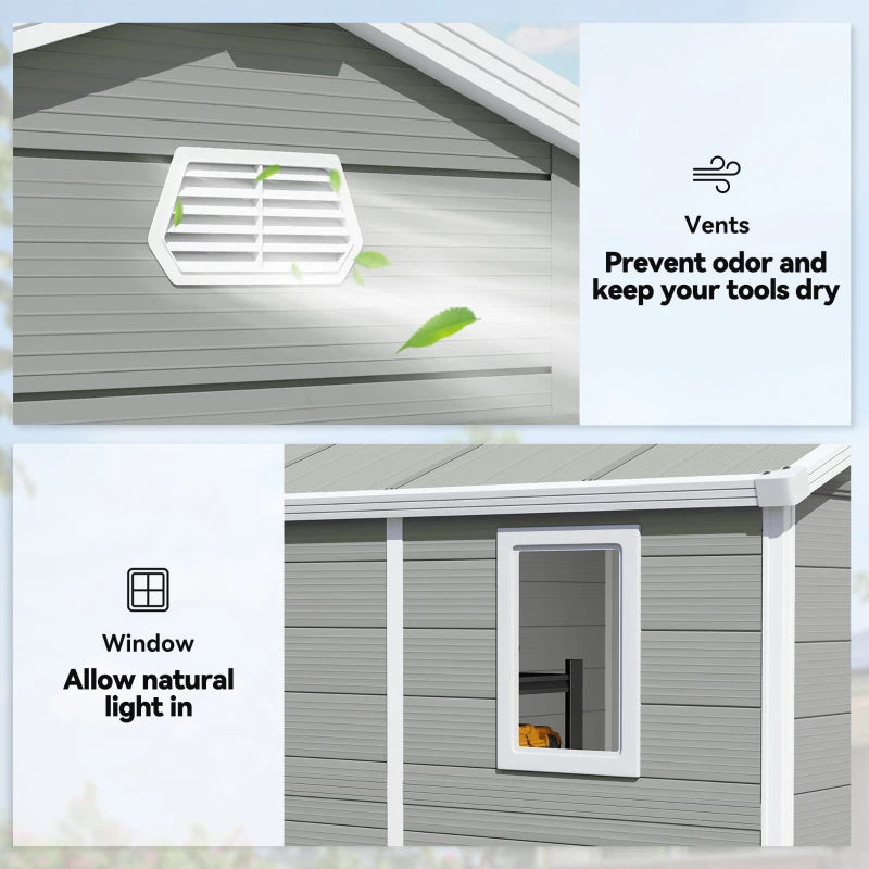 8' x 6' Plastic Garden Storage Shed with Latch Door, Vents, Sloped Roof, Light Grey