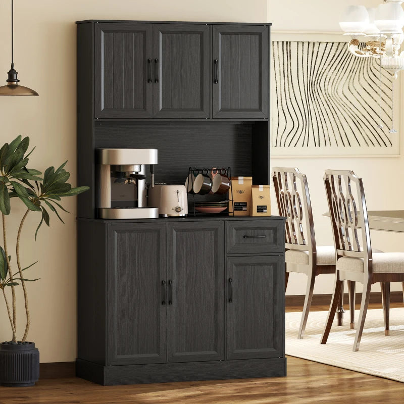 71" Pantry Cabinet with Charging Station, Kitchen Storage Cabinet with Microwave Stand, Adjustable Shelves, Black