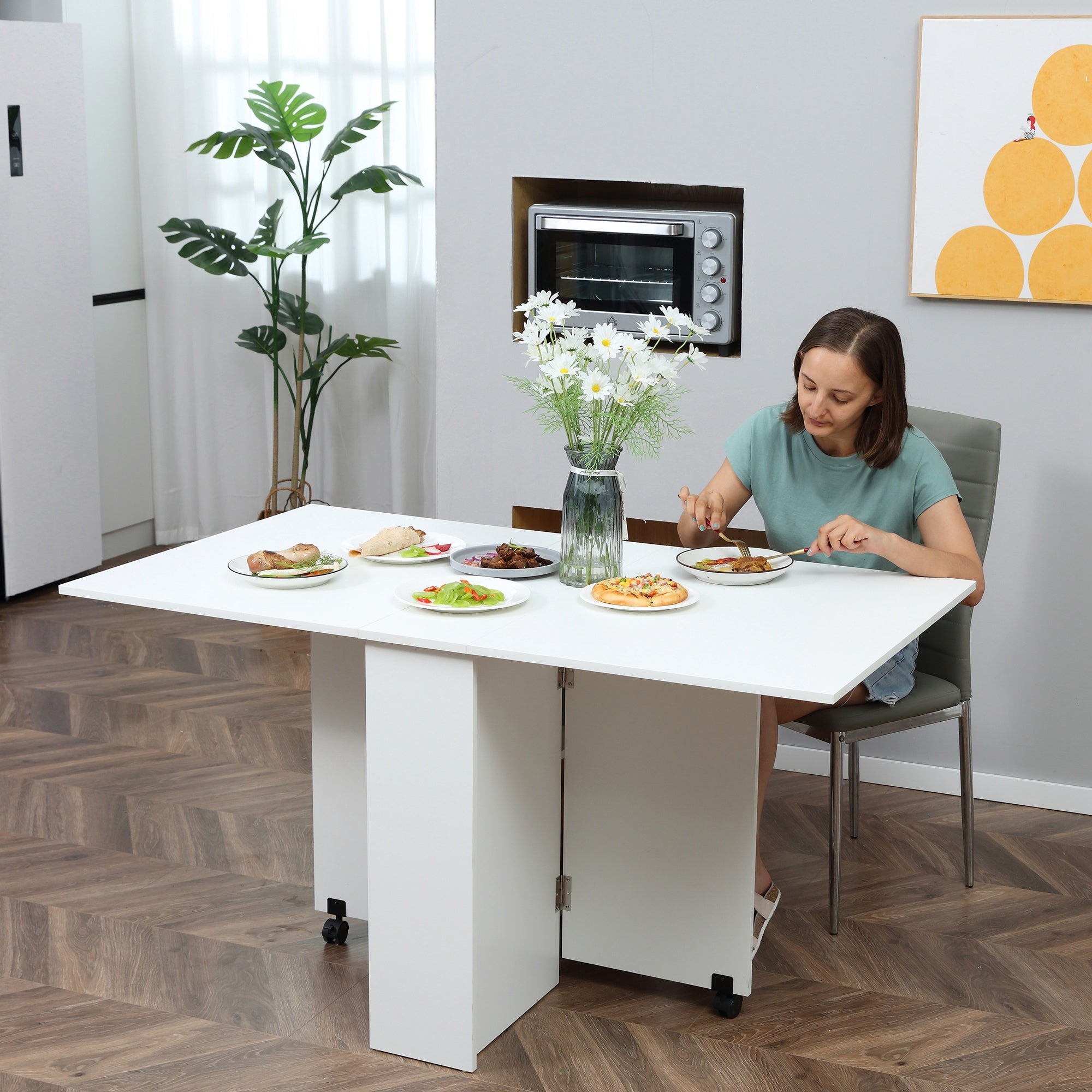 HOMCOM Drop Leaf Table Folding Dining Table Multifunctional Expandable with 2 Shelves 