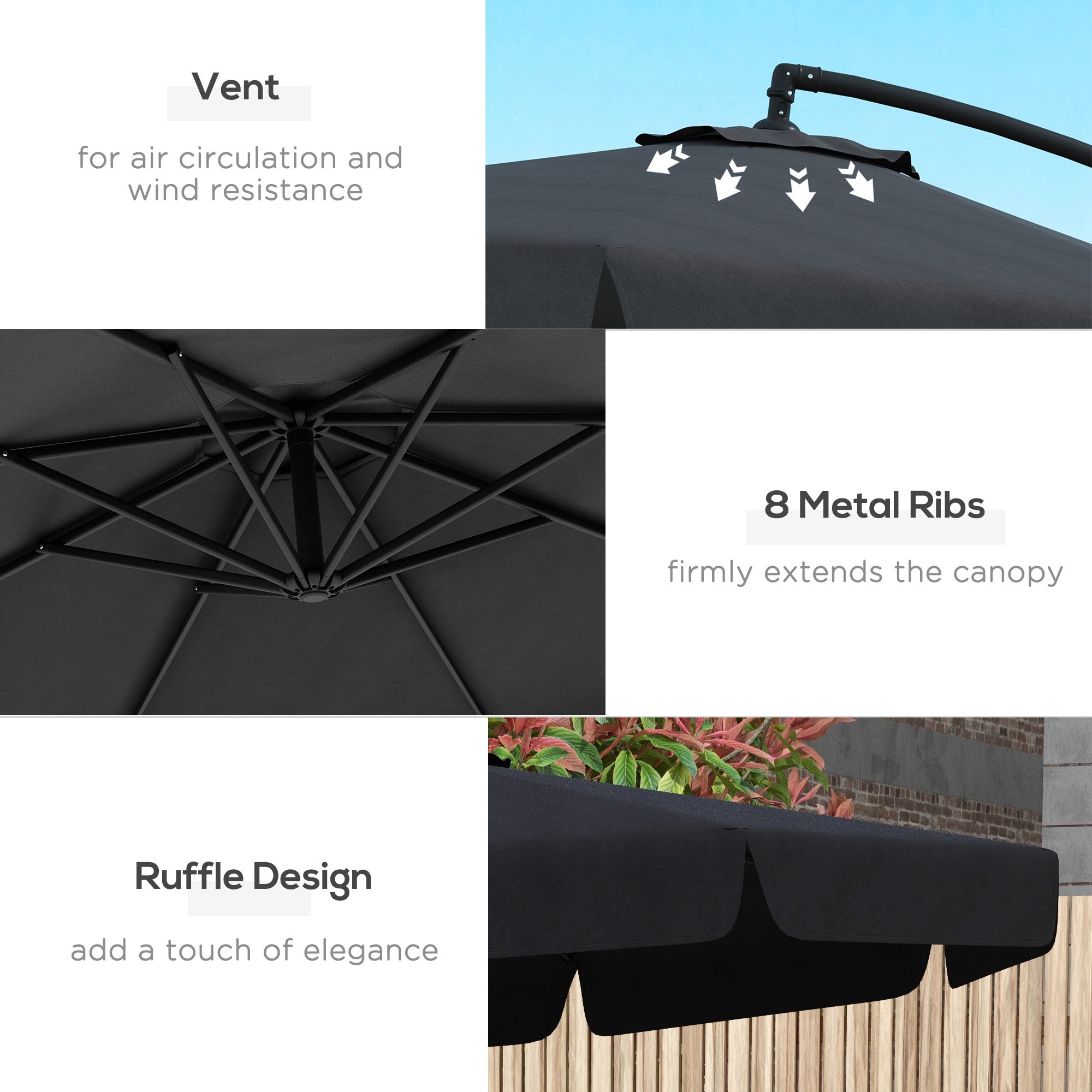 Outsunny 11ft Cantilever Patio Umbrella Offset Parasol 8 Ribs Cross Base for Outdoor Garden Black 