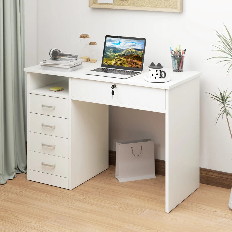 Home Office Desk with Storage, Computer Desk with Lockable Drawer and Open Compartment, White