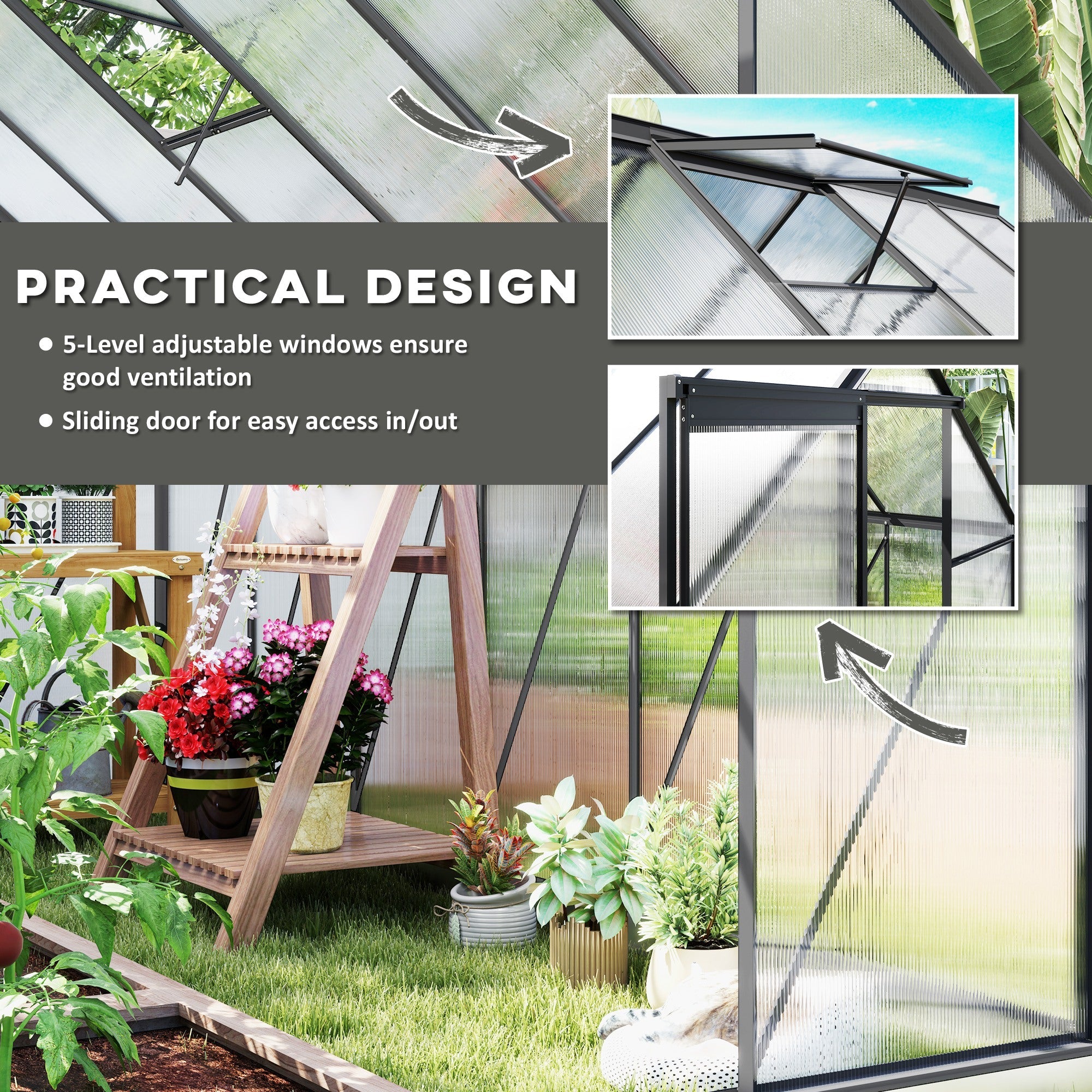 Outsunny 6' x 12' x 6.5' Polycarbonate Greenhouse, Walk-in Green House with Adjustable Roof Vent Galvanized Base Sliding Door Rain Gutter for Outdoor Garden Backyard, Charcoal Grey 