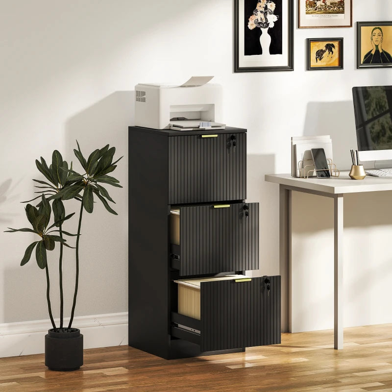 Lockable Filing Cabinet with 3 Fluted Drawers, File Cabinet with Adjustable Hanging Rails for A4 Letter Files, Black