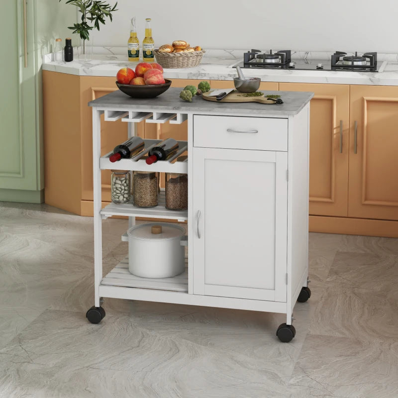 Rolling Kitchen Cart, Bar Cart on Wheels with Wine Rack, Drawer, Open Shelves, Cabinet and Faux Marble Top, Kitchen Island with Storage, White