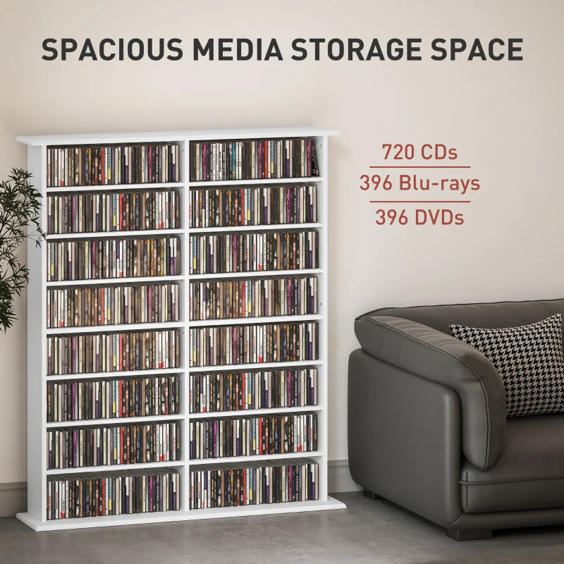 8-Tier DVD Shelf with 12 Adjustable Shelves, Double CD Shelf, Holds 720 CDs, 396 DVDs or 396 Blu-rays, White