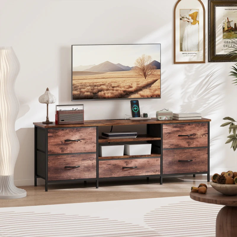 TV Stand for TVs up to 65 Inch, Industrial TV Console with Charging Station, 5 Drawers and Open Shelves, Rustic Brown