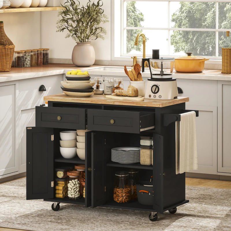 Rolling Kitchen Island with Rubber Wood Top and Storage, Spice Rack, Towel Rack, Black