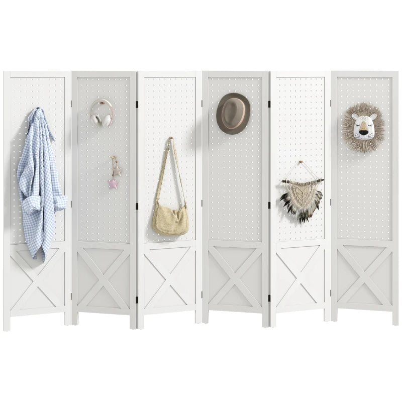 56.9" 6 Panel Wooden Room Divider with Pegboard Display, Folding Privacy Screen for Home Office, White