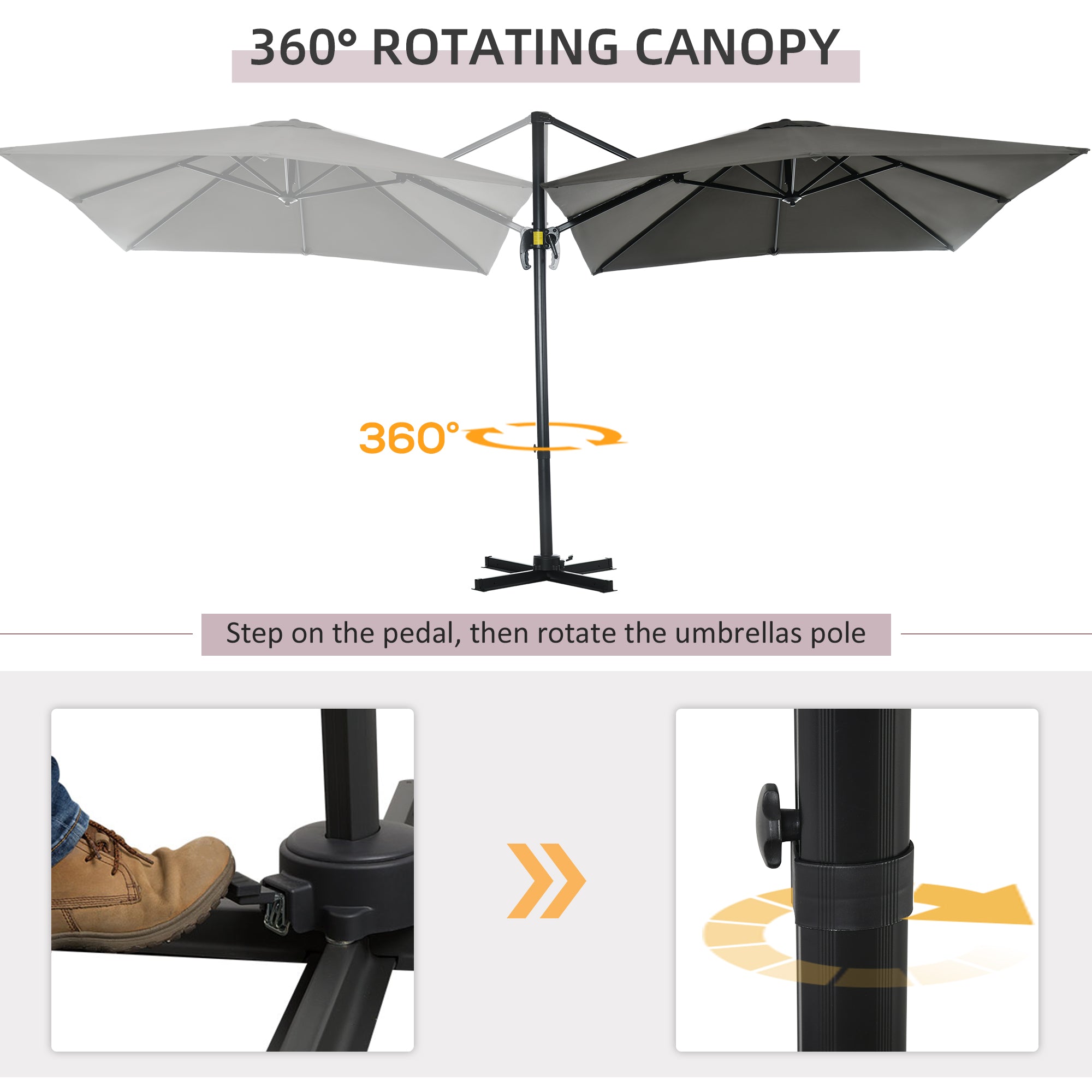 Outsunny 8'x8' Square Offset Patio Umbrella Hanging Cantilever Crank Parasol 360° Rotation Cross Base Grey 