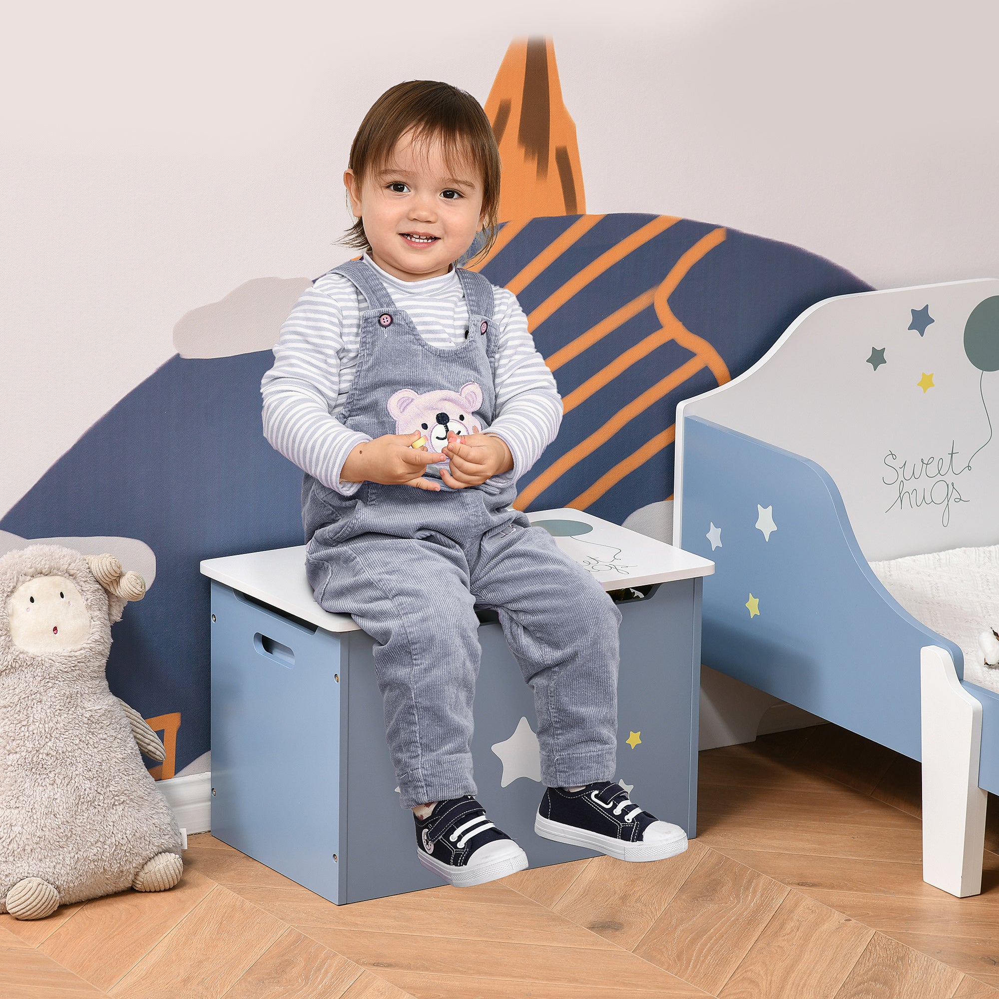 Qaba Wooden Toy Storage Box Organizer Chest with Seating Bench and Gas Stay Bar for Kids Room Blue 