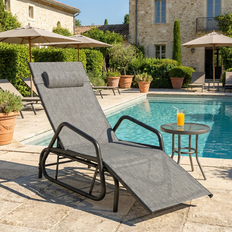 Outdoor Glider Lounge Chair, 3-Position Adjustable Tanning Chair Recliner with Headrest for Garden, Yard, Pool, Grey