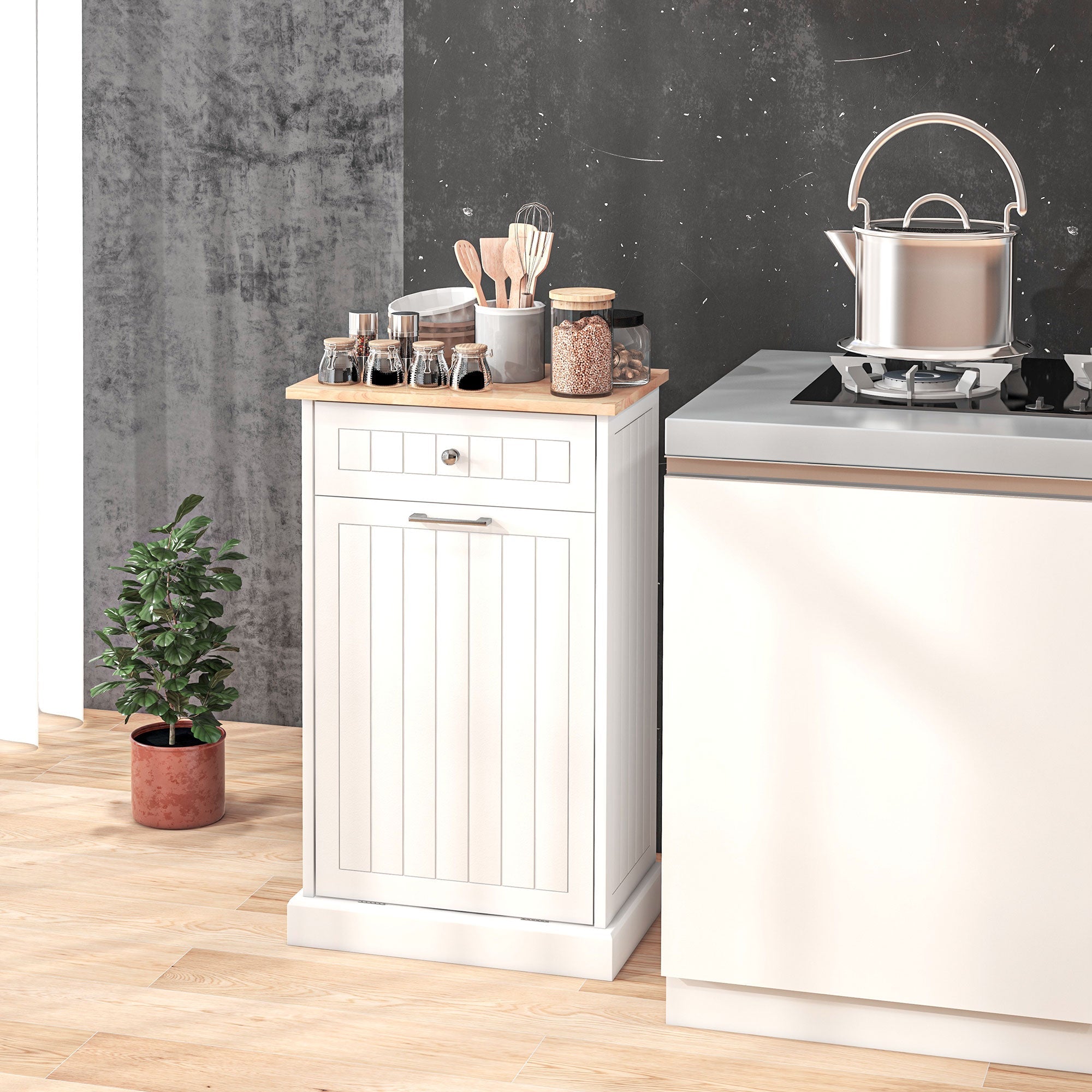 HOMCOM Kitchen Tilt Out Trash Bin Cabinet Free Standing Recycling Cabinet Trash Can Holder Drawer White 