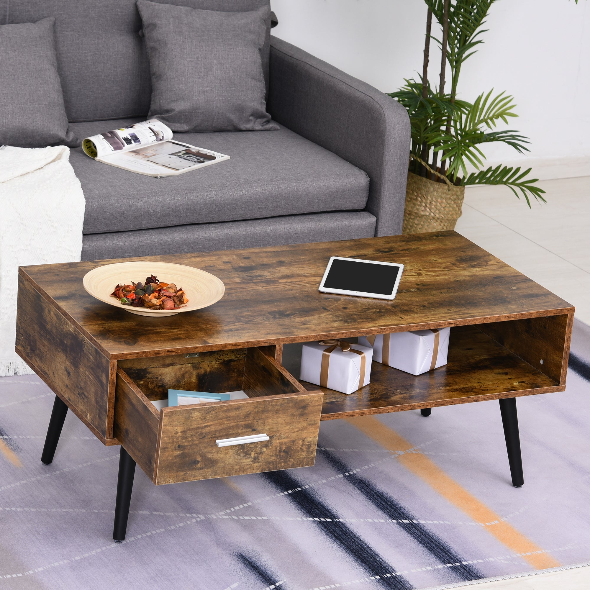 HOMCOM Rustic Brown Retro Coffee Table: Vintage Wooden Center Table with Storage Shelf and Drawer for Living Room 