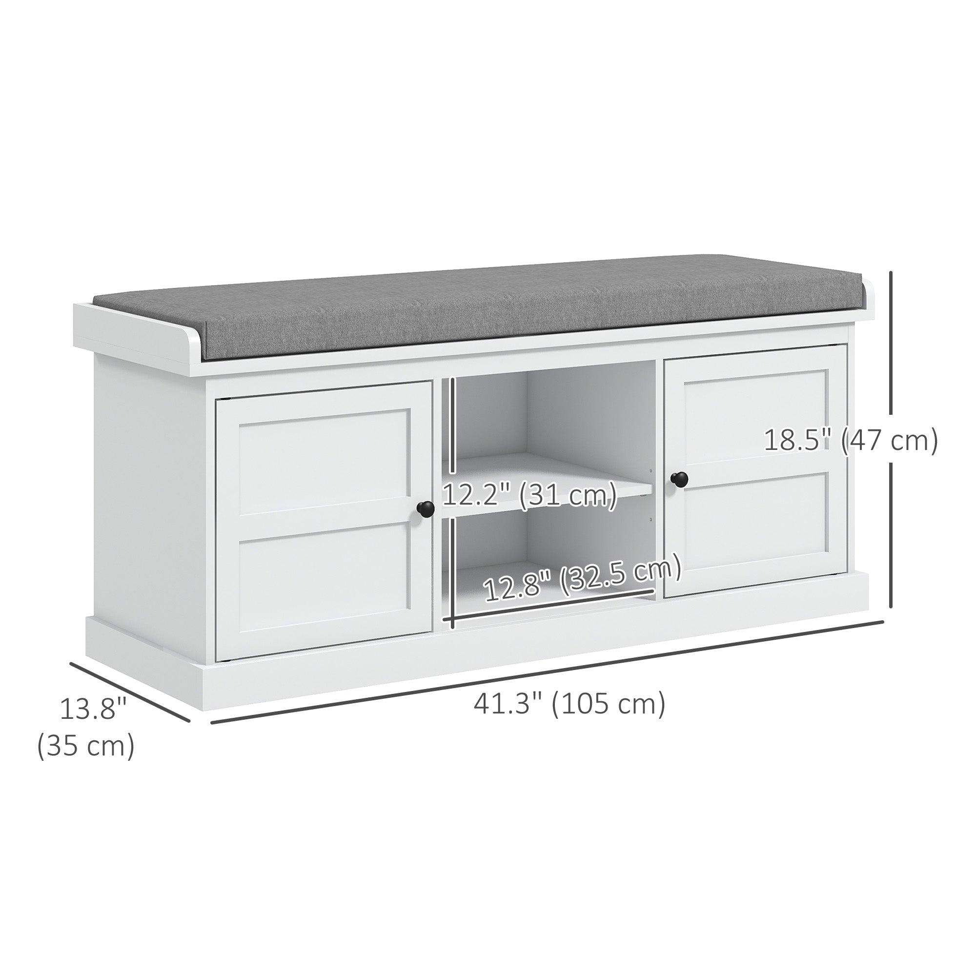 HOMCOM Shoe Storage Bench with Cushioned Seat, Entryway Bench Seat with 2 Cabinets and Adjustable Shelf for Hallway, White 